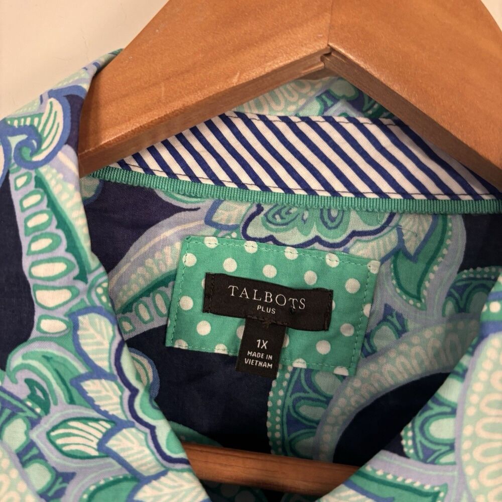 Talbots 1X Cotton Button Front Shirt Charming Floral Paisley Blue - Picture 5 of 7